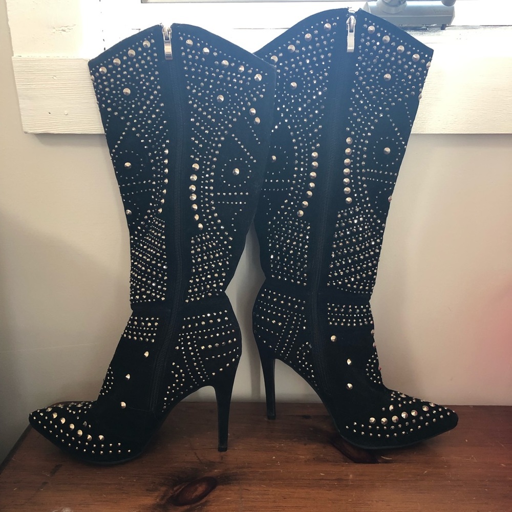 Olivia Miller black high heeled bedazzled boots